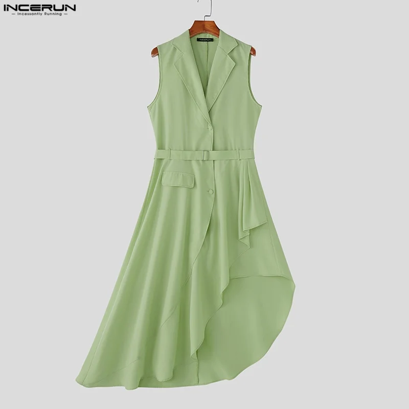 INCERUN Fashion Men Vests Solid Lapel Sleeveless Irregular Vests Men Streetwear 2025 Ruffle Male Long Style Waistcoats With Belt