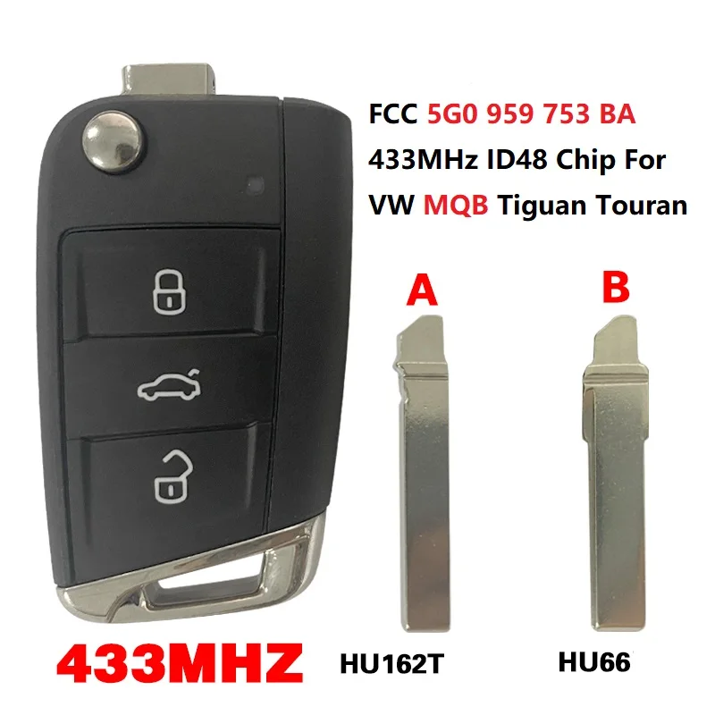 CN 001068   Оригинальный FCC 5G0 959 752 BA/5G0 959 752 BB Auto Smart Remote 3B 433 МГц ID48 MQB Chip Flip Автомобильный ключ для Vw Tiguan Touran