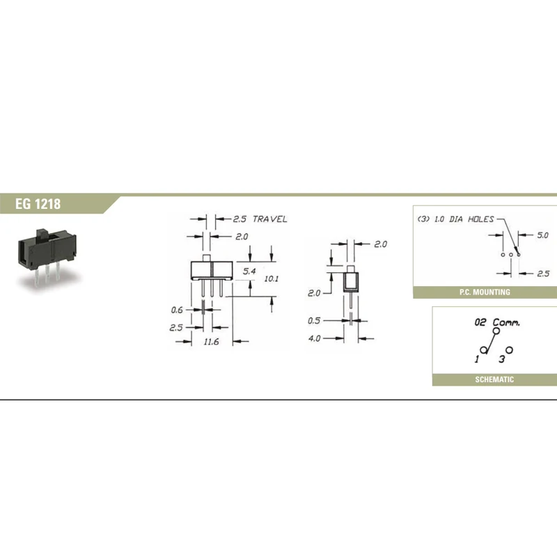 2pcs/lots Imported U.S.A. E-SWITCH EG1218 Microminiature Toggle Switch 3-pin 2-speed All Plastic Slide 1 position