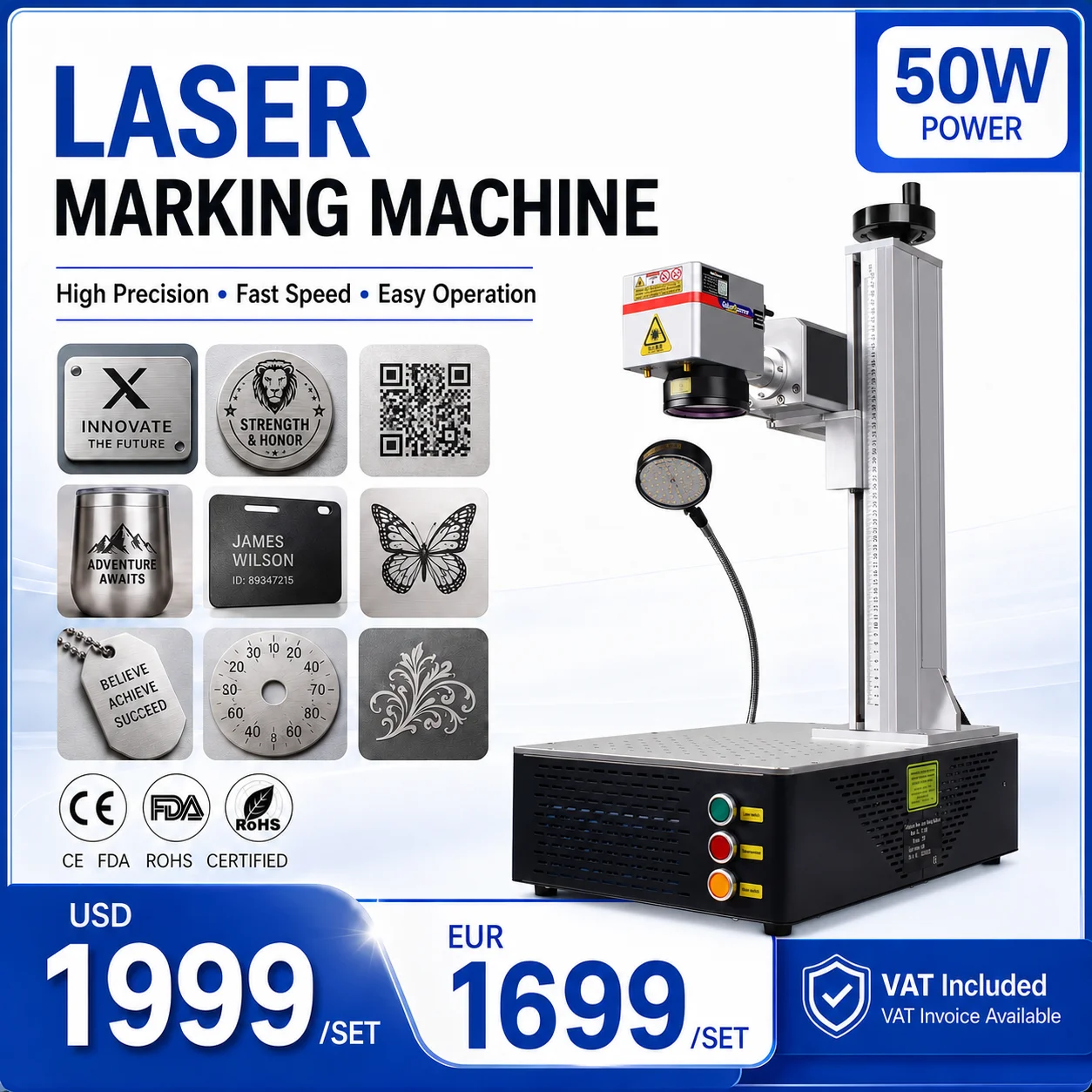 Machine de marquage laser à fibre portable 30W/50W, haute précision 0,01 mm, graveur métallique haute vitesse 7000 mm/s avec 360° °   Tête rotative et zone de marquage réglable