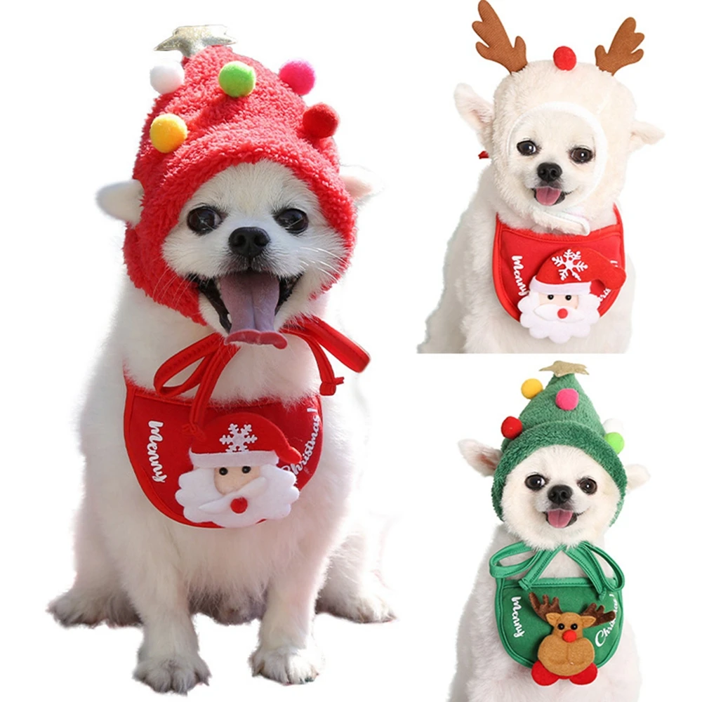 Christmas Puppy Dog Cat Costume Xmas Cat Santa Elk Hat with Bandana Bib Scarf Set Cat Accessories Pet Holiday Dress Up Supplies