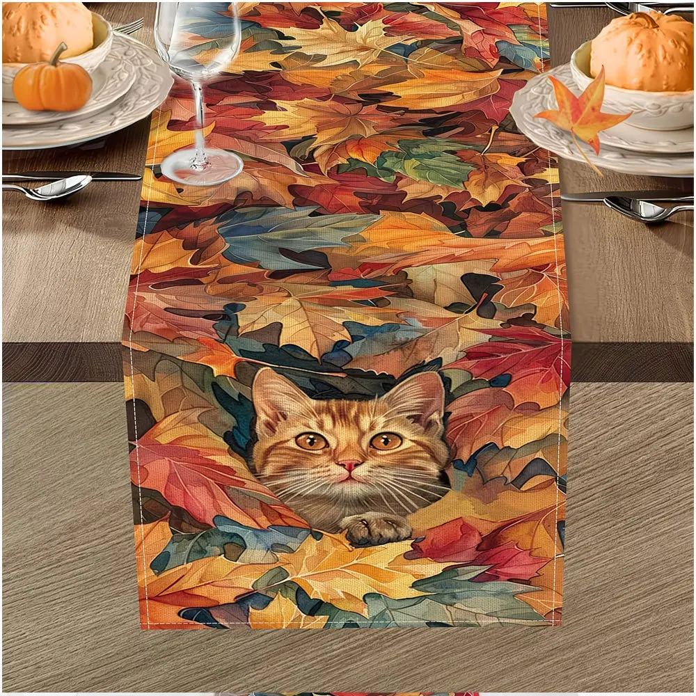 Table Runner Linen Fall Harvest Pumpkin on Off White with Buffalo Plaid Border Autumn Table Decor  Thanksgiving Dinner