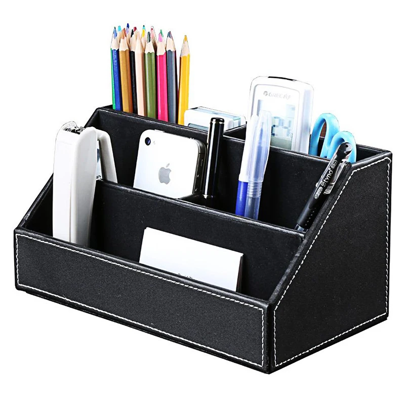 Creative PU Leather Desk Stand Cosmetic Organizer Pen Holder Desktop Accessories Storage Grids Container Case Office Supplies