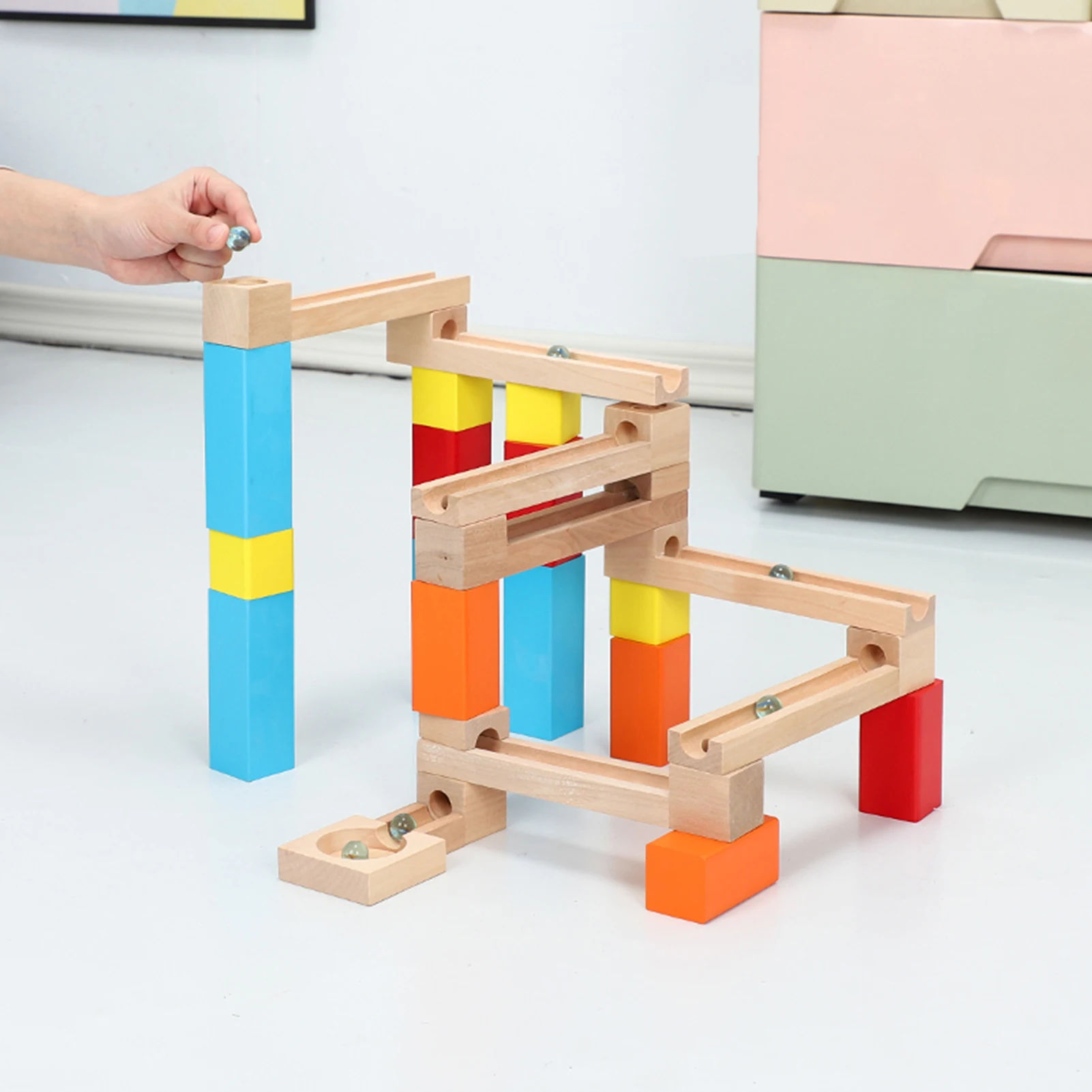 Wooden Marble Race Track Game Multicolor Wooden Marble Runs Educational Construction Maze Block Toy Set STEM Educational