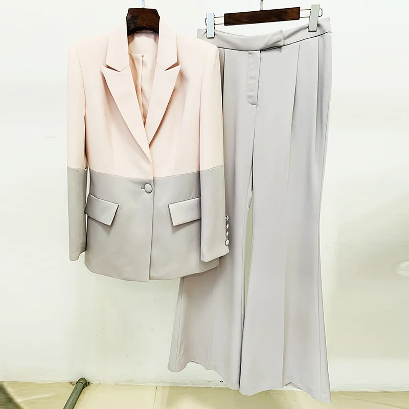 HKSH Women Office Lady Two Pieces Set Color Block Single Button Blazer Coat Flared Pants Elegant Fashion Suit New Spring HK21184