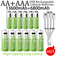 New 1.5V AA 13600mAh+AAA 6800mAh Rechargeable Lithium Batteries Long Lasting USB Li-ion Battery 2000 Cycles with USB- C Cables