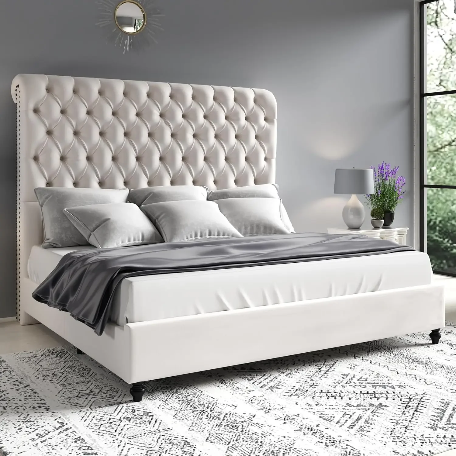 Bed Frame with Sleigh Headboard 60" Tall Velvet Upholstered Platform Bed, No Box Spring Needed