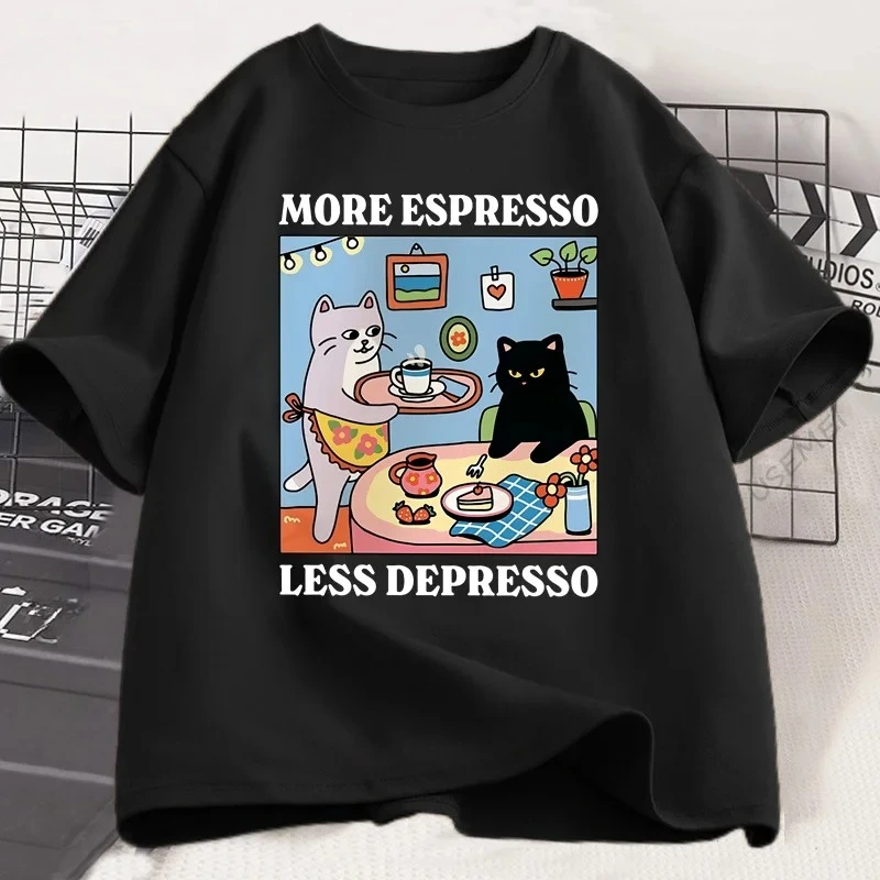 

Funny More Espresso Less Depresso Black Cat Summer T-shirt Men Women Coffee Cat T Shirt Casual Summer Short Sleeve Tshirt Tops
