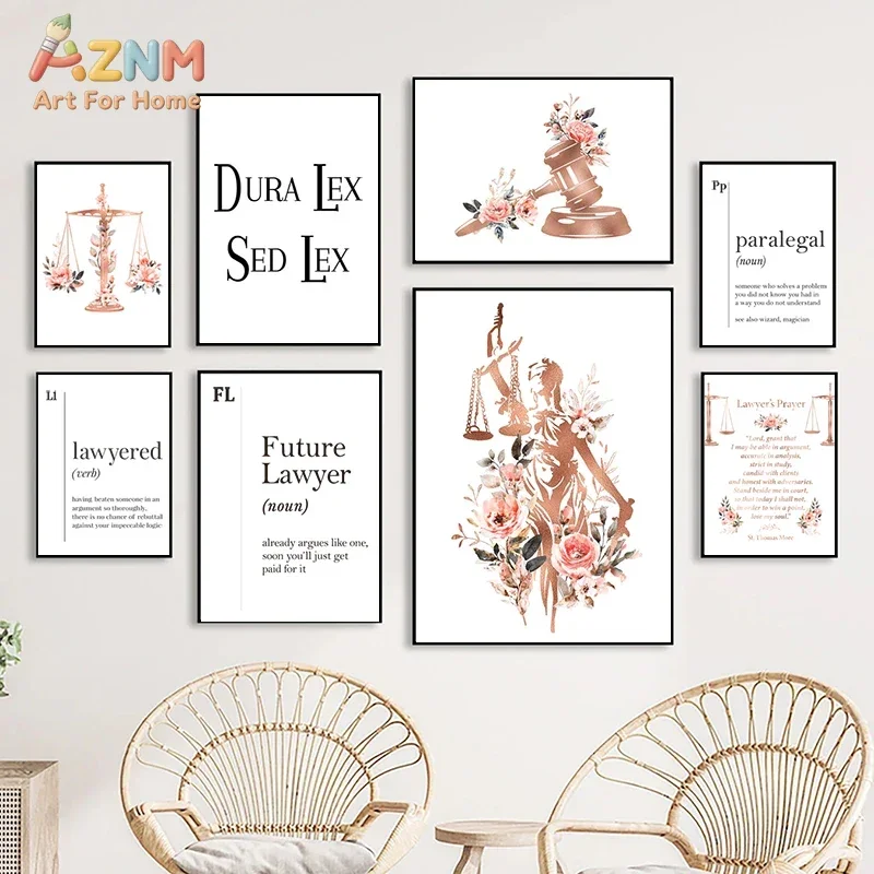 AZNM Lady Justice Law Canvas Print, Frameless Floral Scales Of Justice Wall Poster, Future Lawyer Quote Artwork for Law Office H