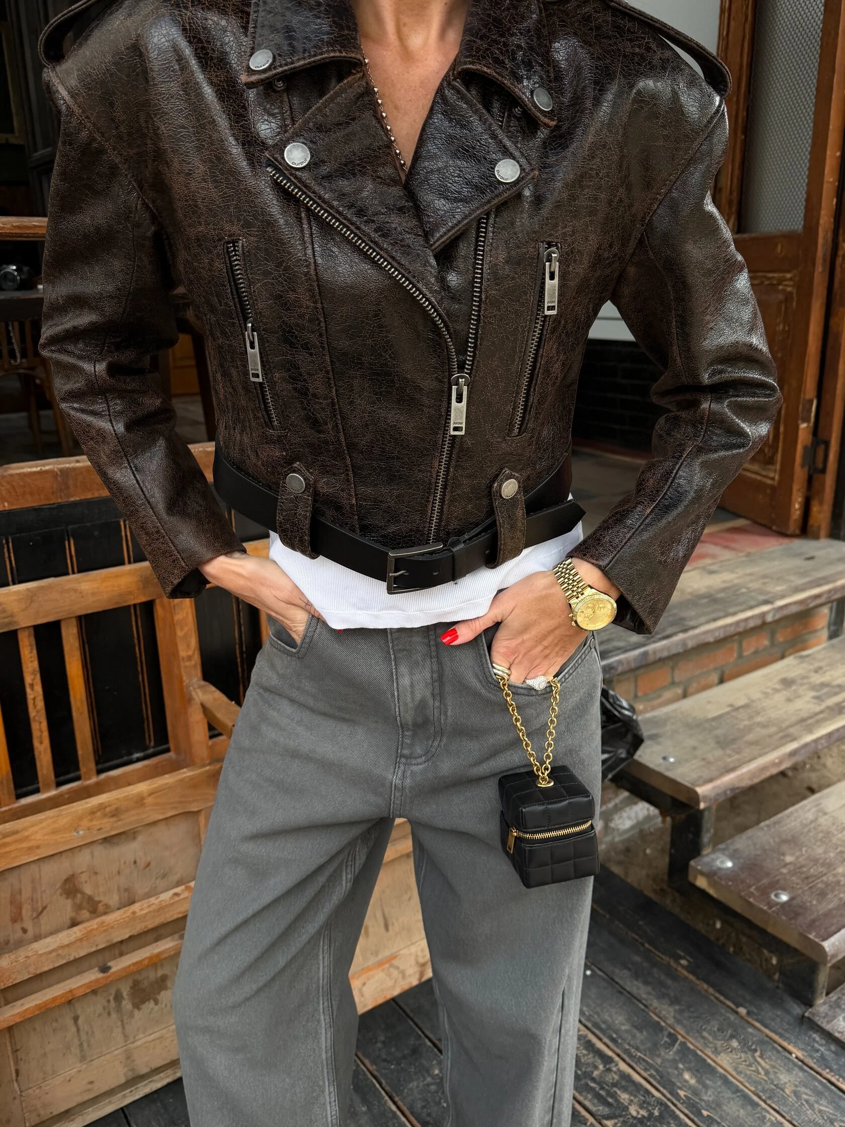 Black Vintage Distressed Brown Faux Leather Moto Jacket 2026 New Women Padded Shoulder Belted Cropped Biker Coat Y2k Streetwear