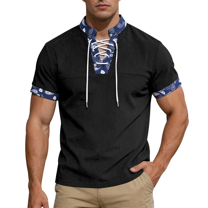 Cross-border American Cashew Flower Summer Men's Loose Ami Kaji Corduroy Medieval Style Henry Short Sleeve Wholesale