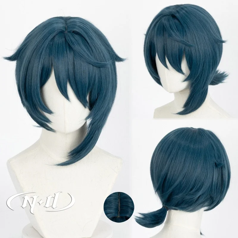 HD Xingqiu Cosplay Wig Genshin Impact Gaming Cosplay High Quality Kanekalon Short Blue Hair Wig for Comic Con Halloween Party