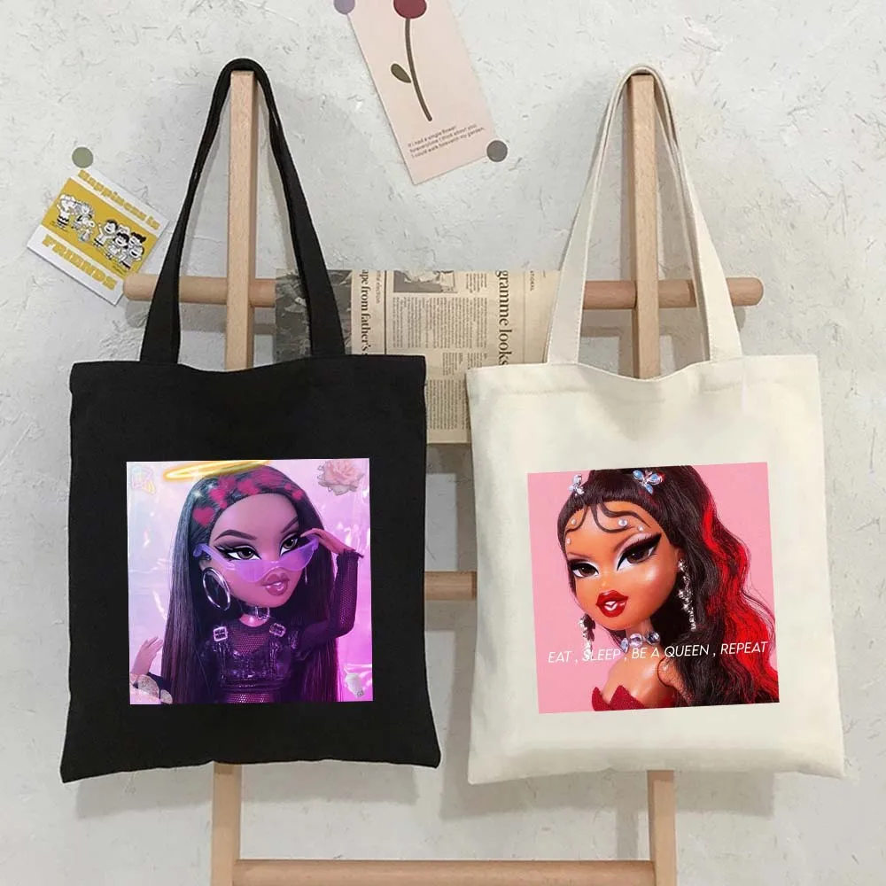 Lovely Cute Babygirl Bratz Doll Girlz Sexy Cartoon Pink Girl Women Shoulder Shopper Shopping Canvas Tote Bag Female Lady Handbag