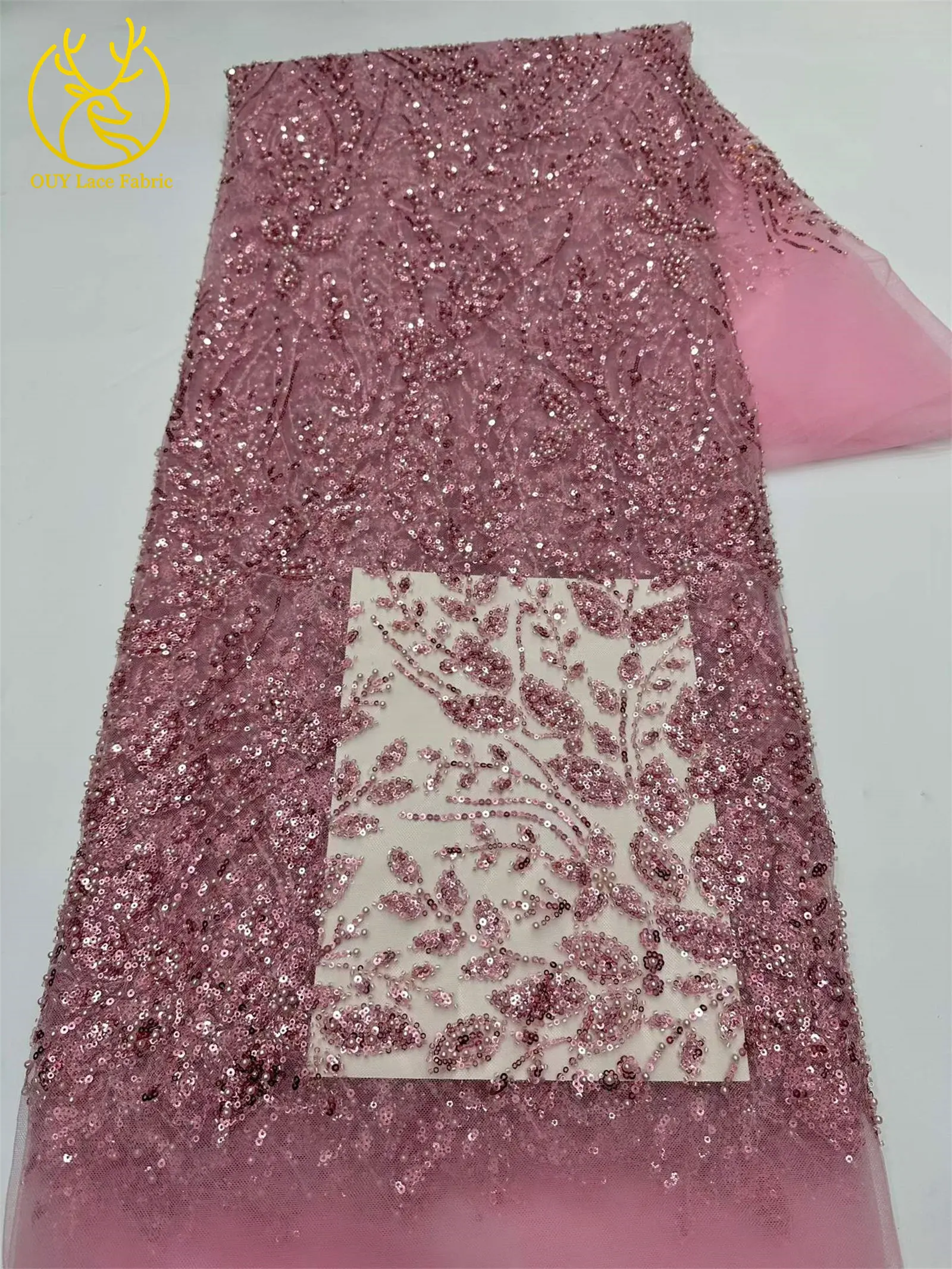 5 Yards grüner afrikanischer Spitzenstoff, hochwertige französische Pailletten, Perlenstickerei, Tüllspitze für nigerianische Frauen, Abendkleid – Detail 6