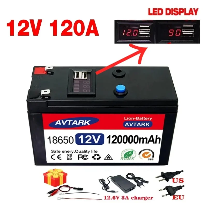 

12V Battery 120Ah 18650 lithium battery pack Rechargeable battery for solar energy electric vehicle battery+12.6v3A charger