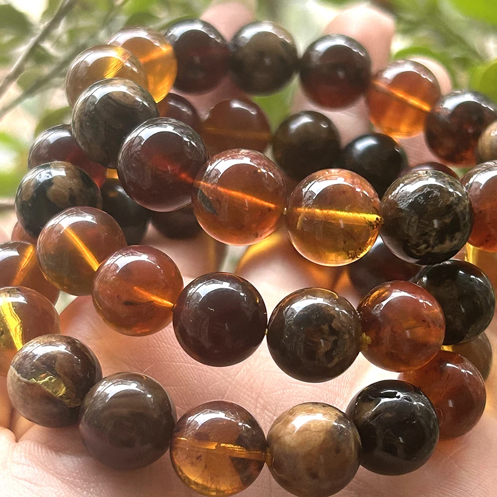 Natrural 12mm-13mm Genuine Myanmar Amber Bracelet Round Beads ,Fashion Jewelry for Men and Women Special Gift，Diy Wholesale