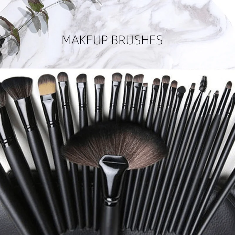 24pcs Female Professional Makeup Sets Cosmetics Brushes With Leather Bag Lip Brush Eye Shadow Brush Makeup Tools - Unscented