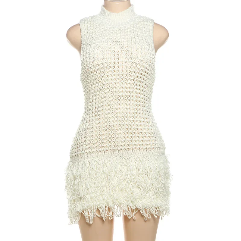 Tassel Splicing Hollow Out Knitted Mini Dress Women Solid Sleeveless High Stretch Bodycon Casual Streetwear Holiday Outfits