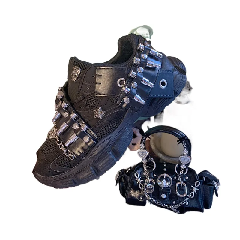 Pinkyo الأصلي الهيكل العظمي المعدني رصاصة سلسلة أبي أحذية الرجعية القوطية الظلام الشرير نمط سميكة سوليد أحذية رياضية