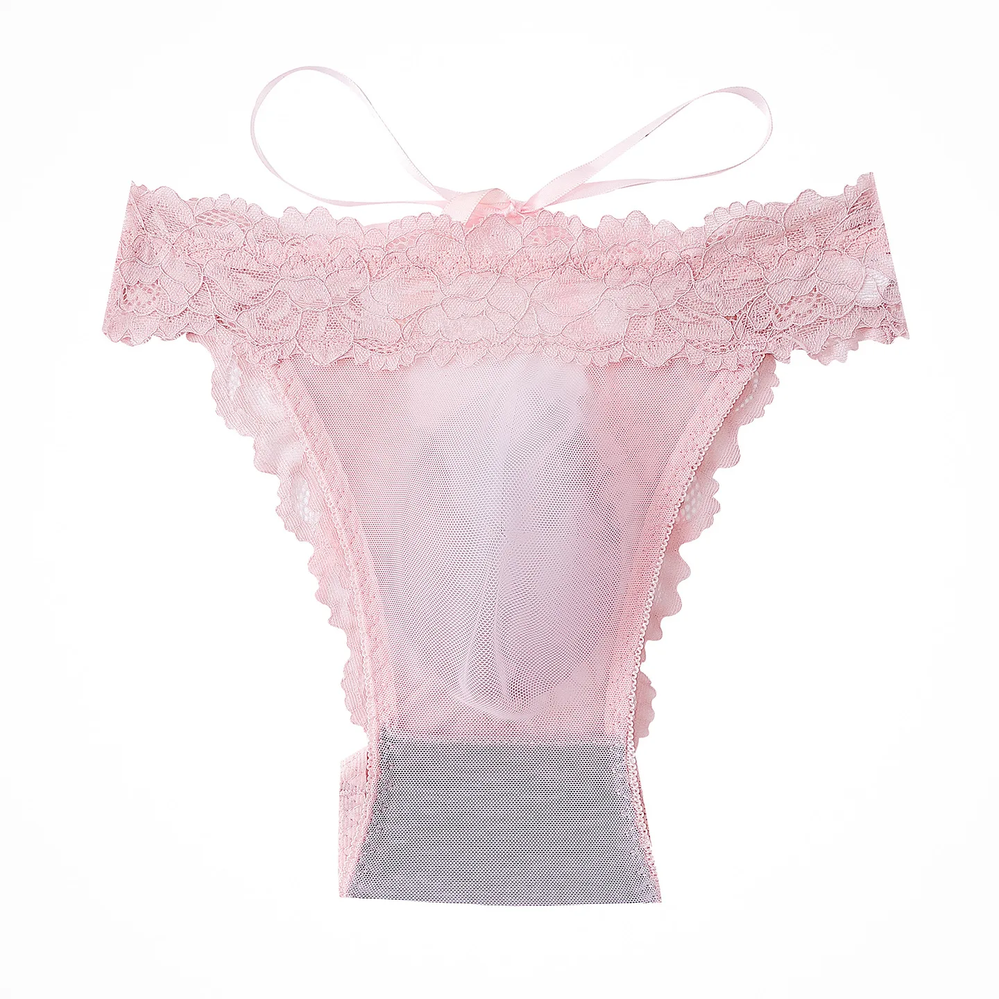 New Men French Sexy Lace Mesh Bows Back Hollow Out Lace Up Tie Up Low Waist  Clothes Underpants Briefs Underwear