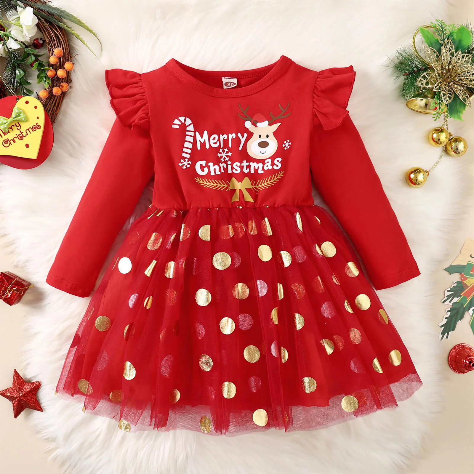 Girl Wedding Party Dress Infant Girls Child 2024 Christmas Long Sleeve Deer Prints Splicing Tulle Dresses Girls Pageant Dress