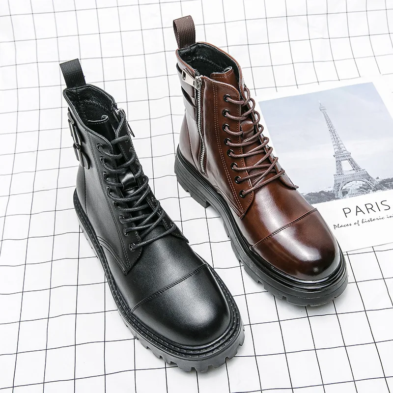 Men's Naked Boots Fashion Simple Casual Men's Large Casual Shoes Lace Up Zipper High Top Leather Shoes 2025 New