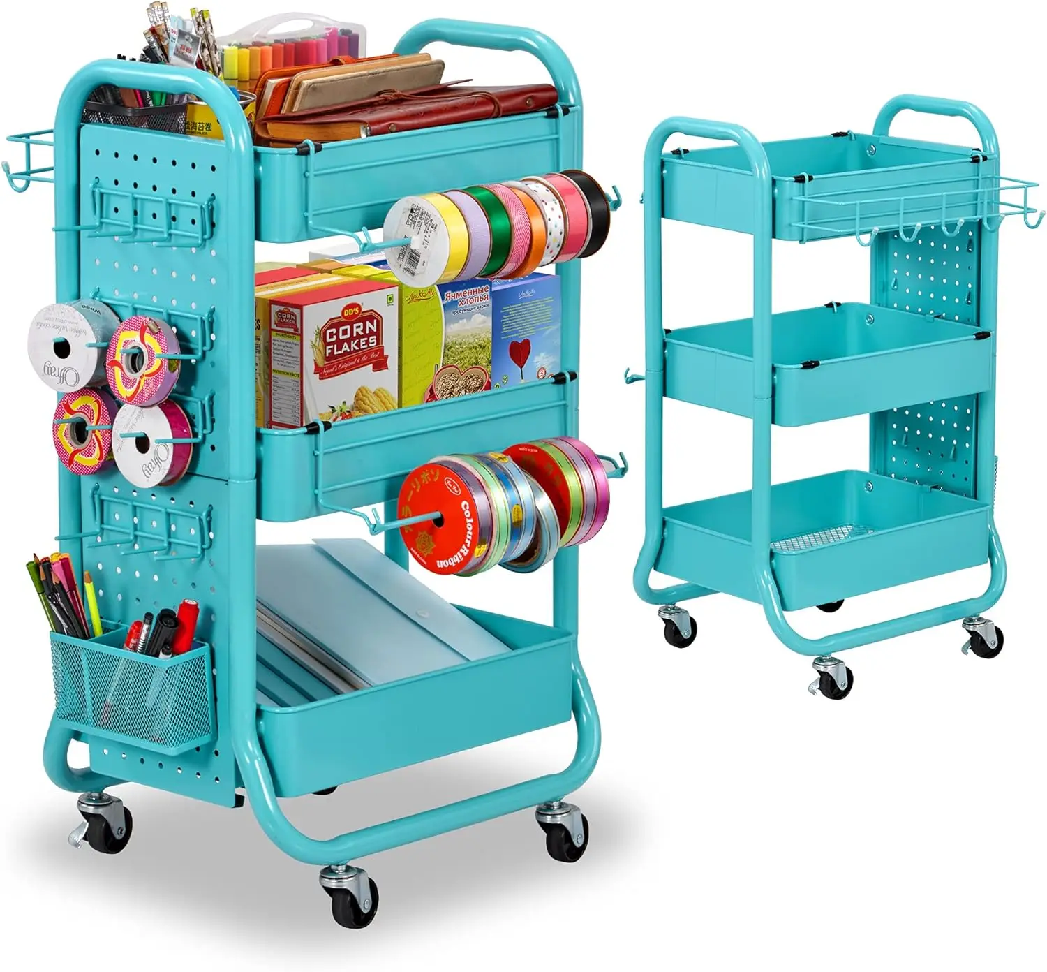 3-Tier Utility Storage Rolling Cart with Removable Pegboard & Extra Storage Baskets Hooks, Metal Craft Art Carts for Gif