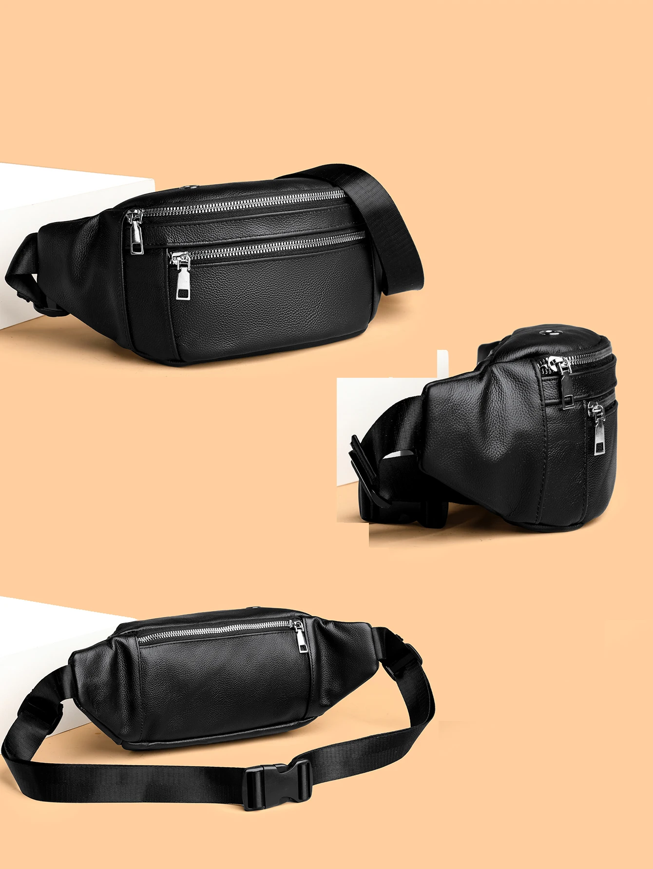 VC Simple Black Men's Genuine Leather Fanny Pack Lightweight Sports Waist Bag for Men Belt Pouch Phone Chest Bags Male Small Bag