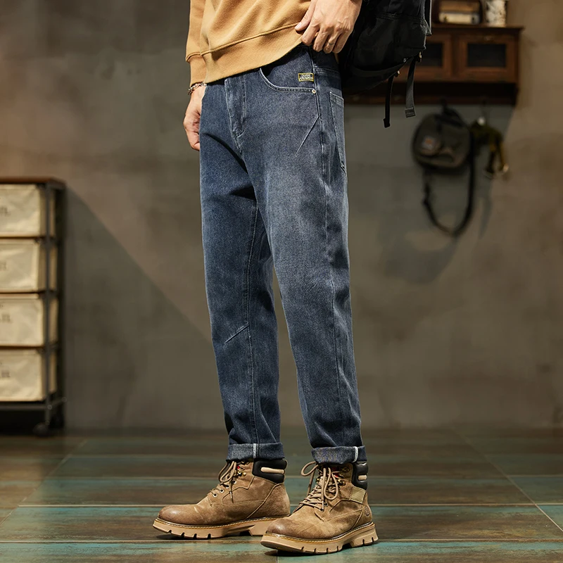 Fleece Thicked  Black Gray Jeans Men's Loose Straight Casual Slim-Fitting Middle-Aged Men Pants Winter Warm Trousers Male Cotton