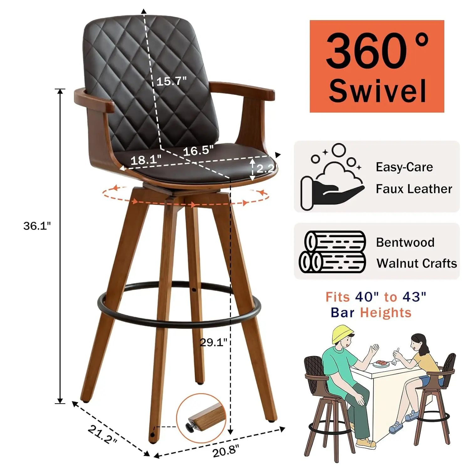 Swivel Bar Stools Set Of 3 - 29.1 Inch Mid Century Bar Stools With Walnut Craftsmanship, Curved Back And Arms,, Customized