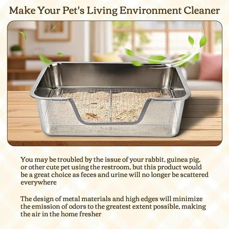 A27F-Stainless Steel Rabbits Litter Box Set For Small Animals High Sides & Low Entry, 304 Stainless Steel Sifting Tray
