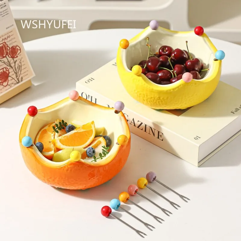 

Orange Shaped Ceramic Fruit Tray Comes with Dessert Fork Storage Bowl Household Cute Hospitality Fruit Plate Underglaze Colored