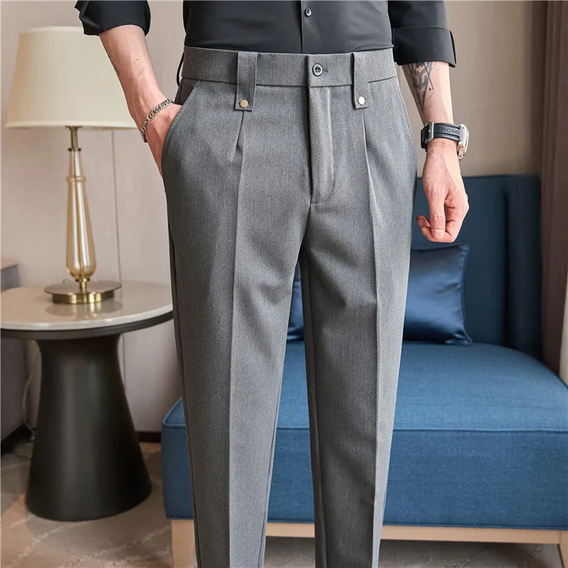 Pantalones de traje de estilo británico para hombre, ropa Formal, informal, ajustada, con cintura elástica, sólida, Primavera, 2024