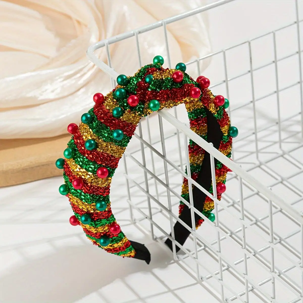 1 unidad de rayas de bloques de color de moda navideña con incrustaciones de perlas, diadema con temperamento brillante, accesorios para el cabello, fiesta y baile