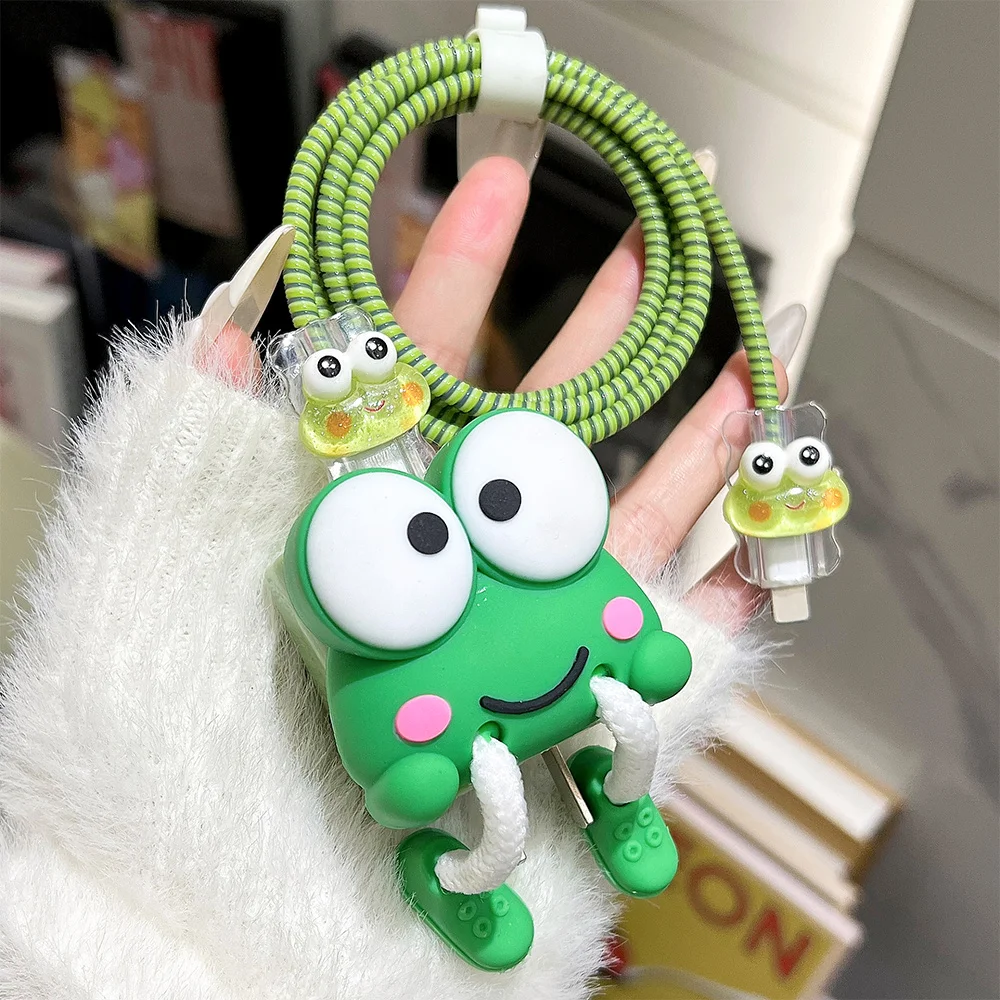 3D Big Eyed Frog Charging Cable Protector Case For iPhone 14 15 16 17 Pro Max 20W 18W Cute Cartoon Charger Head Cover Winder Kit