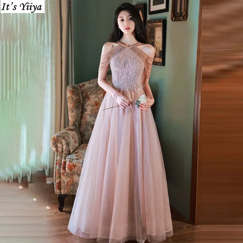 It's Yiiya Customized Evening Dress Pink Appliques Beads Halter Neck A-Line Floor-Length Plus size Woman Party Formal Gown A2758