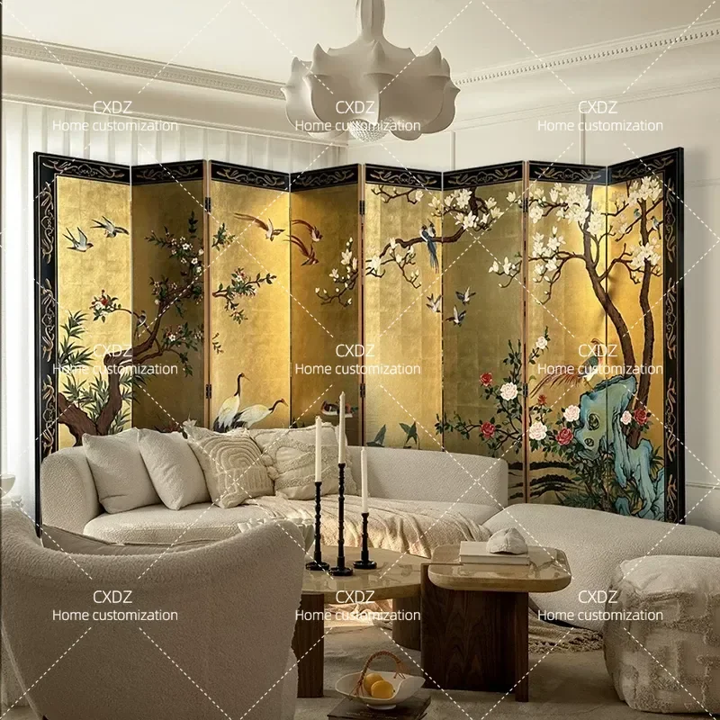 Medieval Gold Foil Screen Retro Lacquer Painting Mobile Folding Partition for Living Room Sofa Background Entrance Tea Room