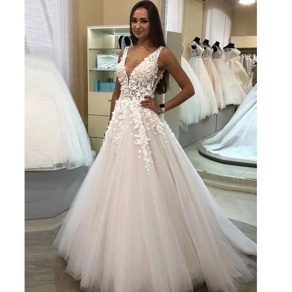 

2023 Bohemian Wedding Dresses Sexy V-Neck A-Line Tulle Sleeveless Bride Gowns 3D Applique Lace Beach Formal Party Vestido Novia