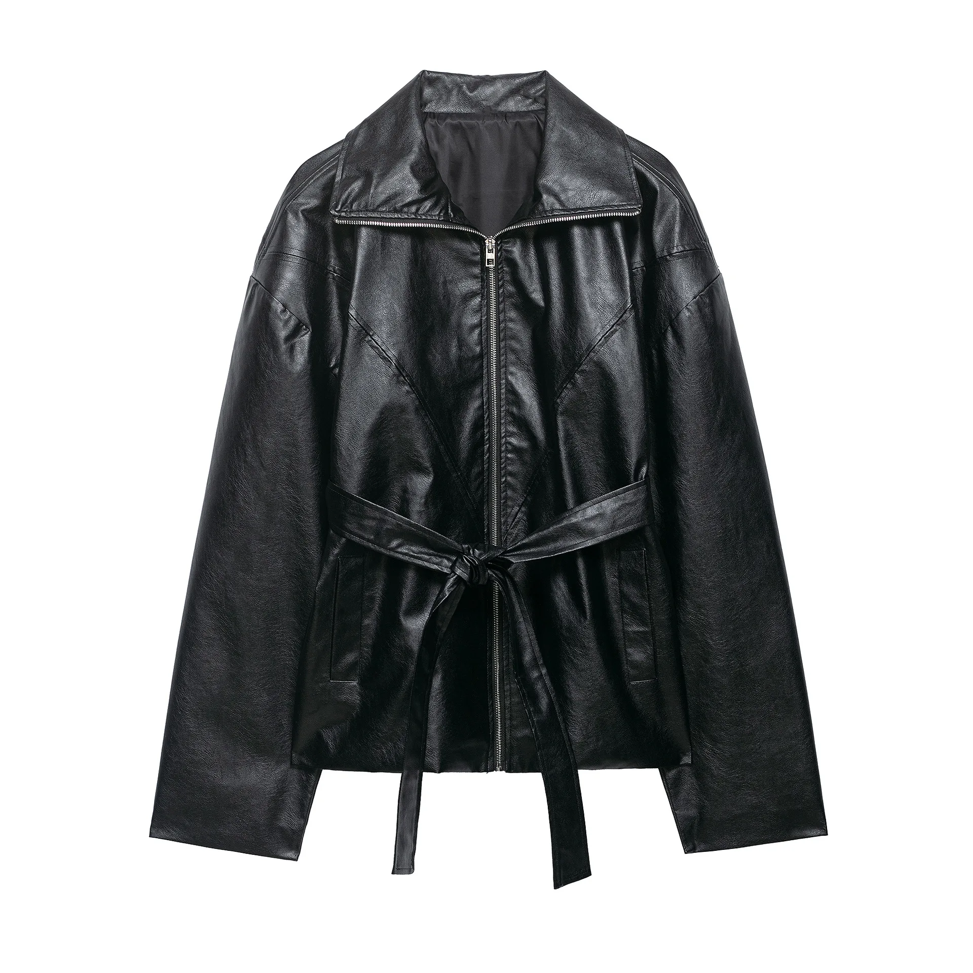 

Женская куртка из искусственной кожи с поясом, с широким отложным воротником, на молнии, с длинными рукавами, из искусственной кожи, для повседневной носки и уличного стиля 37A1