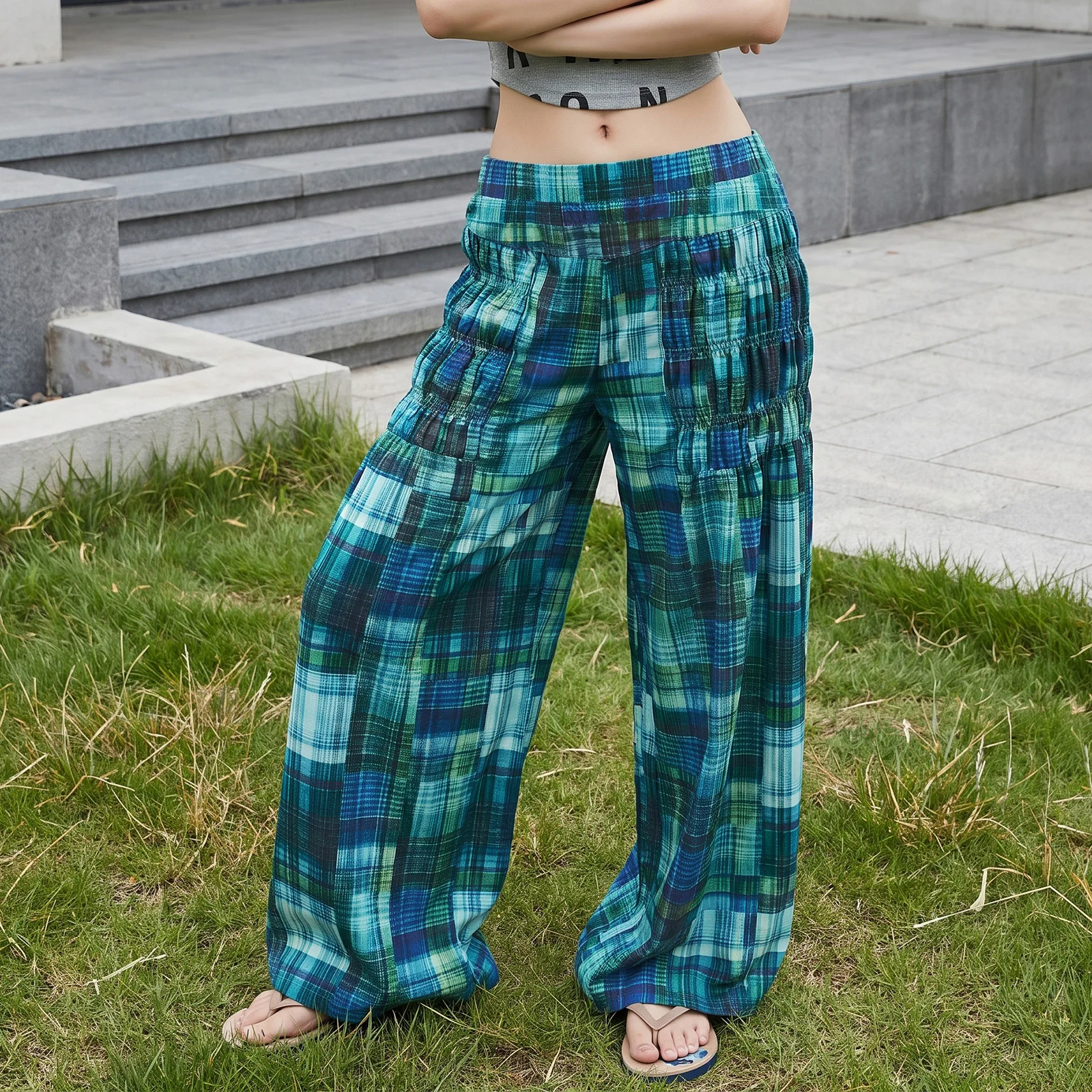 Womens Fall Plaid Print Pants Casual Loose Fit Elastic Mid Rise Wide Leg Trousers