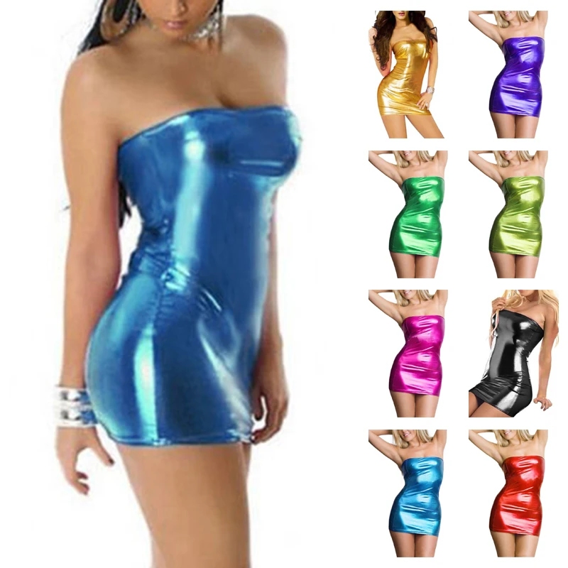 Venda quente nova moda vestido clubwear brilhante feminino fora do ombro tubo de couro patente mini sexy olhar molhado senhora festa