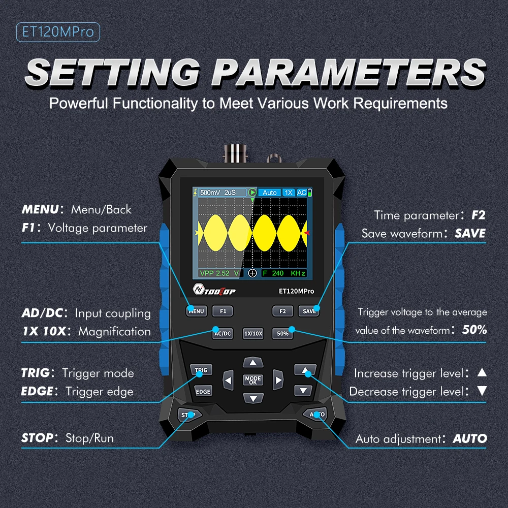 TOOLTOP ET120MPro Portable 120MHz 500MS/s Digital Oscilloscope 3MHz Signal Sources 2 in 1 Automotive Osciloscópio DIY Tools