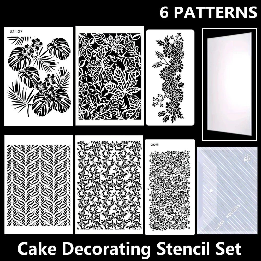6-Piece Cake Decorating Stencil Template Set, Leaf & Line Patterns, with Cake Scraper and Storage Bag