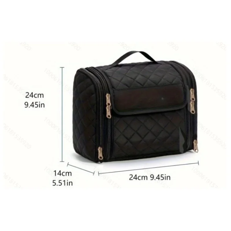 Portable cosmetic bag, pink diamond pattern, large capacity layered design, travel toiletry storage bag