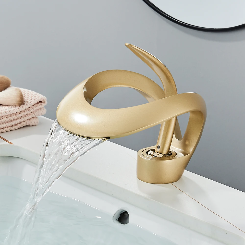 

Gold Bathroom Basin Faucet Brass Waterfall Single Handle Crane Hot Cold Water Mixer Tap New Style