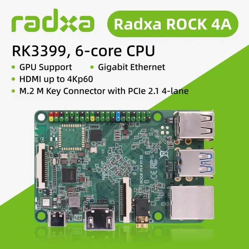 

Radxa ROCK 4A RK3399, 6-core CPU SBC, HDMI with 4K Output, Gigabit Ethernet and PCIe 2.1, Single Board Computer