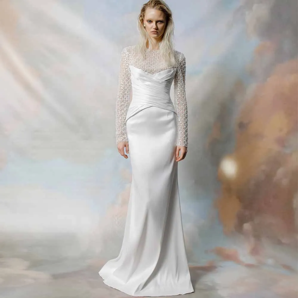 Chic Women's Dresses Trend 2025 Satin Sheath/Column Wedding Party Dresses White O-Neck Lace Pleat Criss-Cross Wedding Dresses