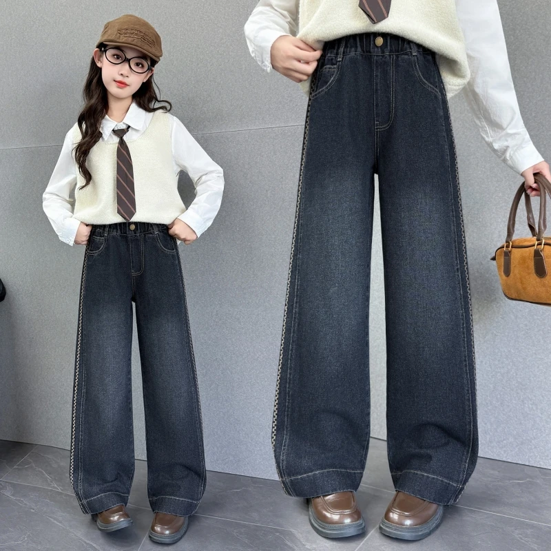 

Girls' Embroidered Wide-Leg Jeans, Water-Washed Straight-Cut Denim Pants, Children's Autumn Jeans, Suitable for Ages 7-14