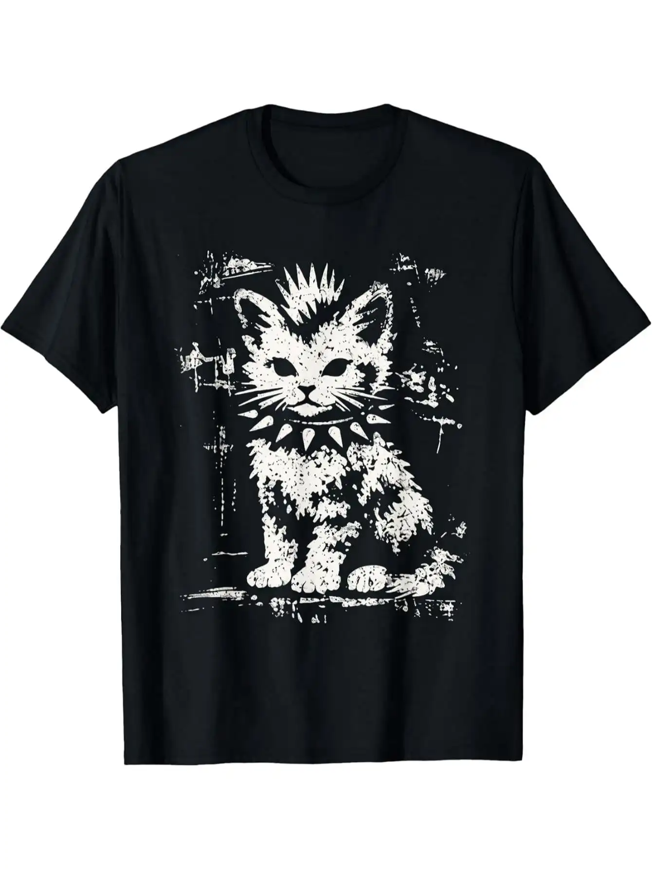 Punk Rock Goth Mohawk Cat Graphic Short Sleeve Crewneck Cotton Men's Women‘s T-Shirt