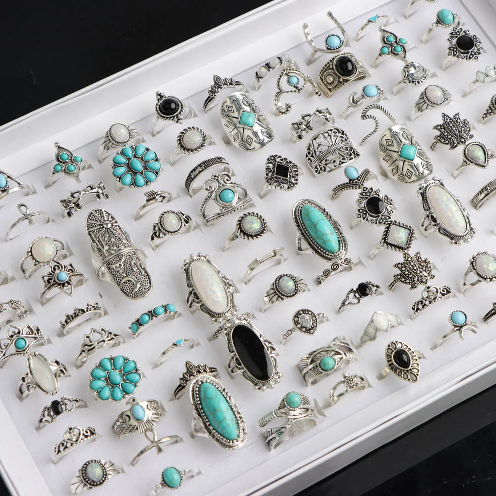 10/20/30/50/100 قطعة/الوحدة موضة جديدة خمر سحر الحجر الطبيعي خواتم للنساء مزيج نمط مهرجان مجوهرات هدايا الديكور الطرف